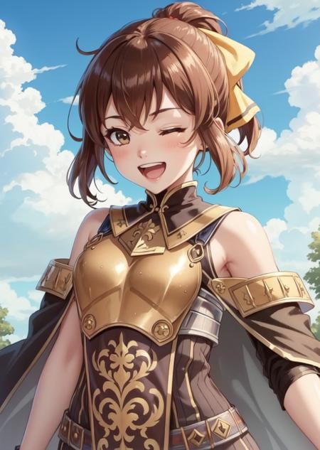 masterpiece, best quality, delthea, hair bow, brown cape, bare shoulders, breastplate, tabard, brown dress, upper body, open mouth, smile, one eye closed, wink, blue sky <lora:delthea-nvwls-v4-000012:0.9>