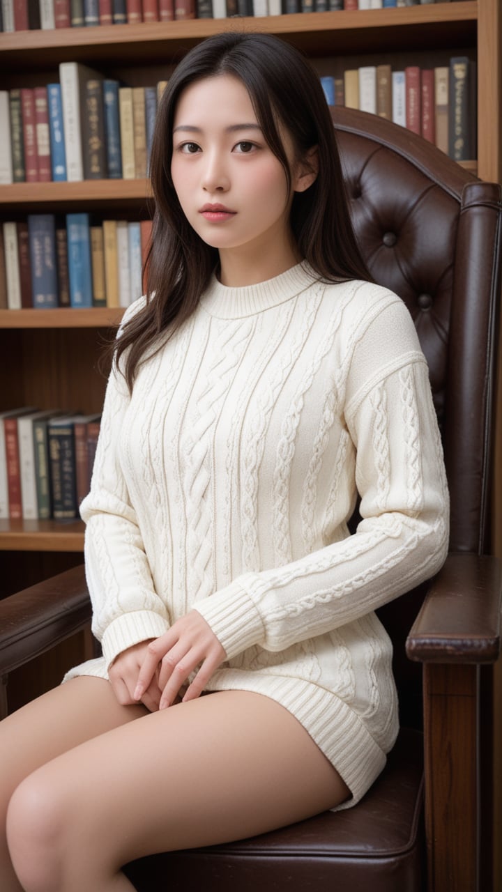 realistic photo of a Japanese woman,nsfw,"Depict a woman engrossed in a book, sitting in a plush armchair in a library filled with wintery novels. Let the warm lighting and inviting atmosphere create a sense of comfort and peace. Her focused expression and cozy sweater add to the inviting and studious feel of the image.", (best quality), (masterpiece), 16k, 8K, ultra detailed, detailed skin, detailed face, masterpiece, best quality, ultra-detailed, intricate details, high resolution, 8k, sharp focus, vivid colors, high contrast, cinematic lighting, score_9, score_8_up, score_7_up, score_6_up, score_5_up, score_4_up