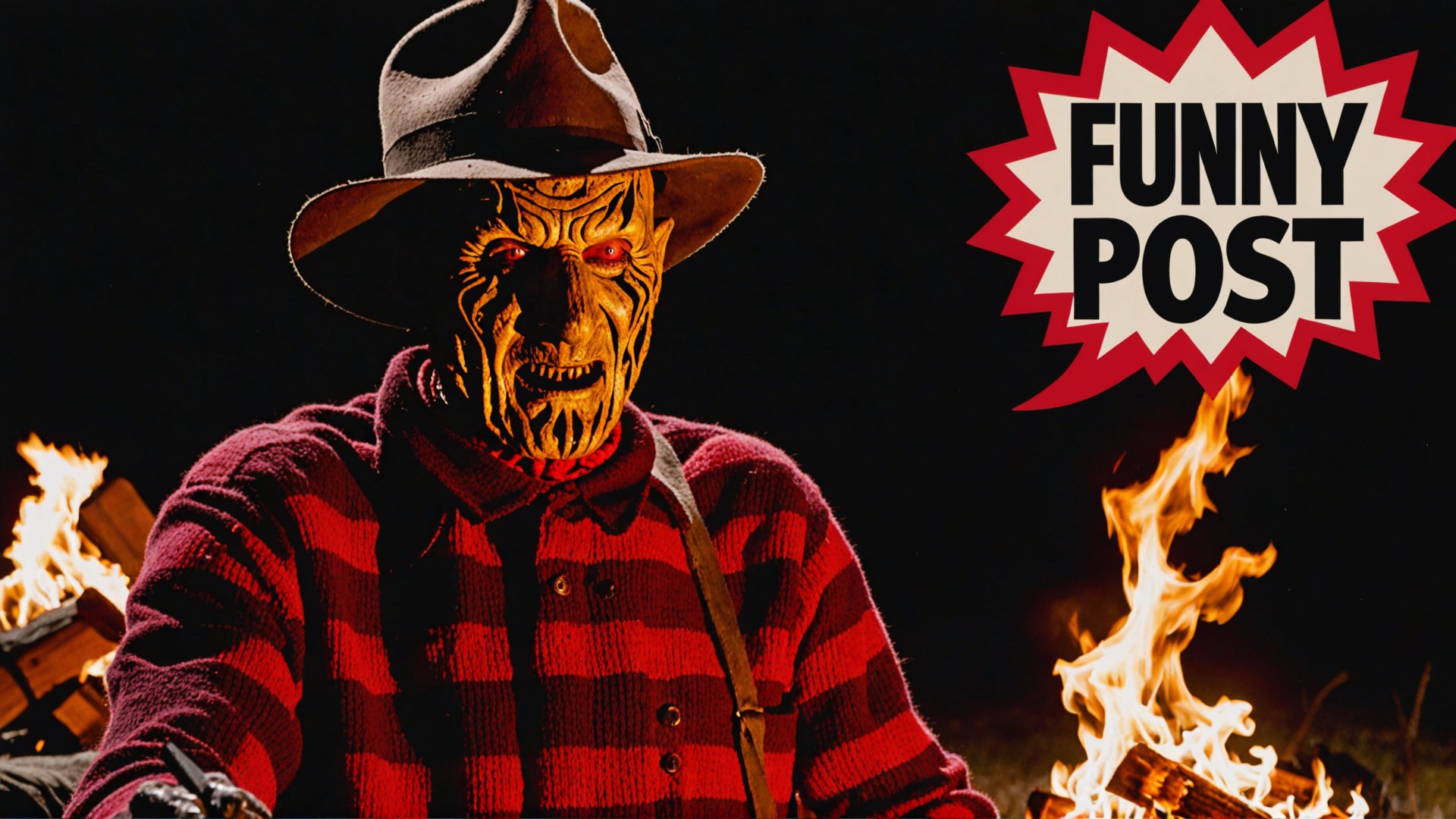 Black and white and red Photo of Freddy Krueger on fire burning in campfire at night with text bubble that says "funny post"