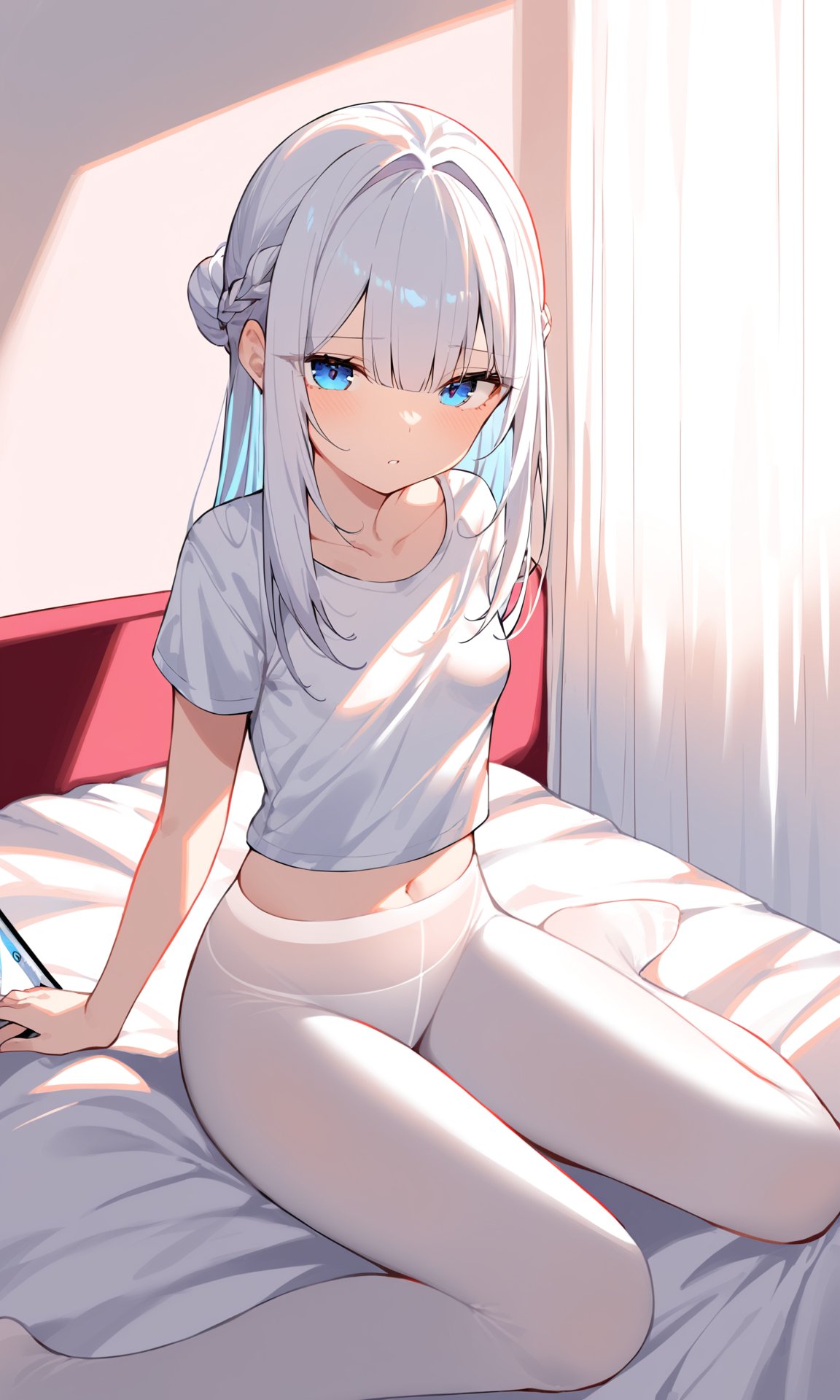 masterpiece, best quality,backlight,Tyndall effect,Crepuscular Rays, 1girl,((white_hairbangs)),long hair,French braid,blue eyes,cold expression,white T-shirt,White pantyhose,navel,sit,small_breasts,No shoes on, bedroom,White cloth sofa,White blanket,Dieffenbachia seguine Schott,White curtains, ipad,