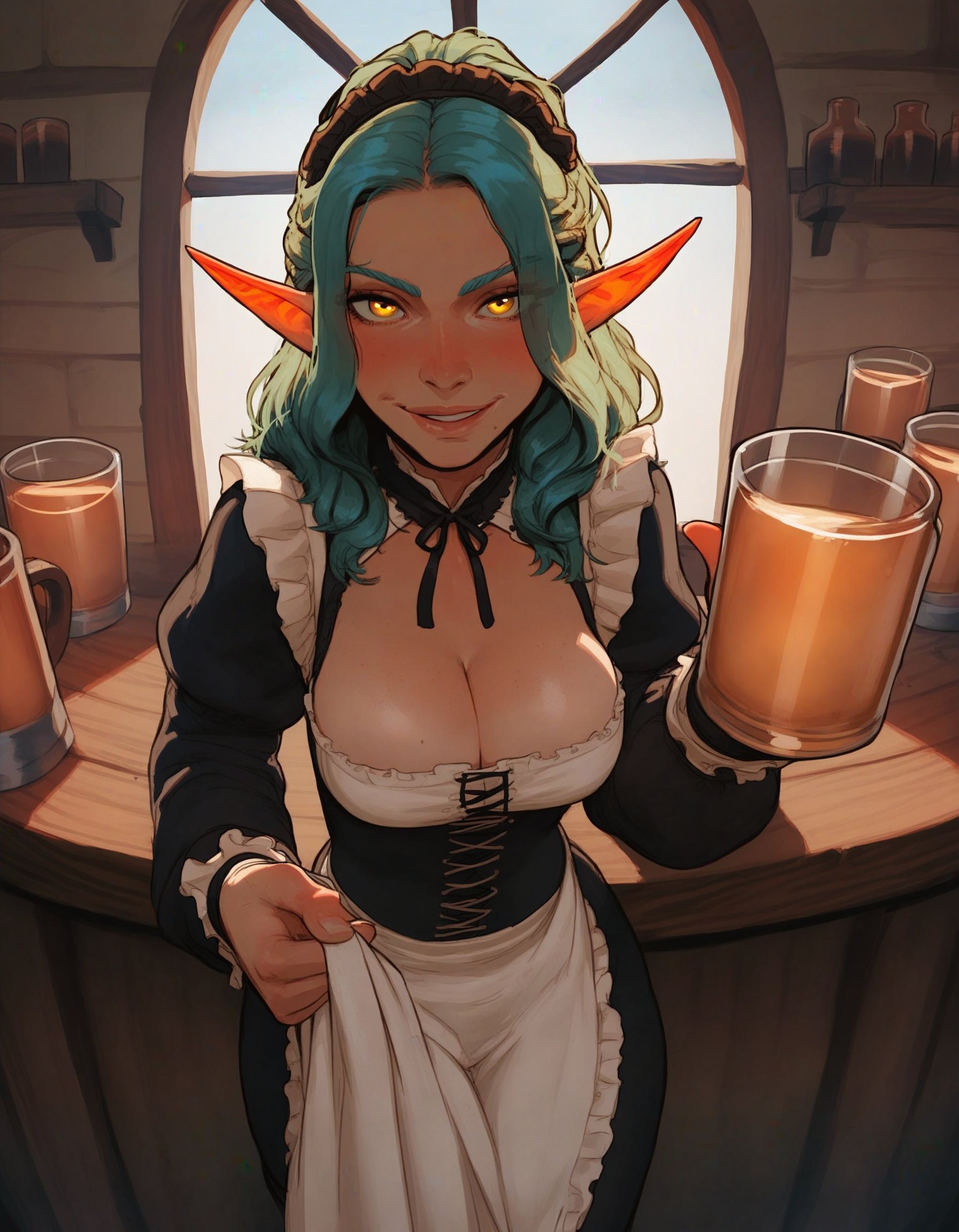1girl, female, solo,elf girl, elf ears, medieval tavern, fantasy setting, bar, barmaid, cleavage, glass mug, glowing blue beverage, holding, seductive,standing, looking at viewer, smile, povBREAKscore_9, score_8_up, score_7_up, source_cartoon, rating_questionable<lora:incase_style_v3-1_ponyxl_ilff:1>