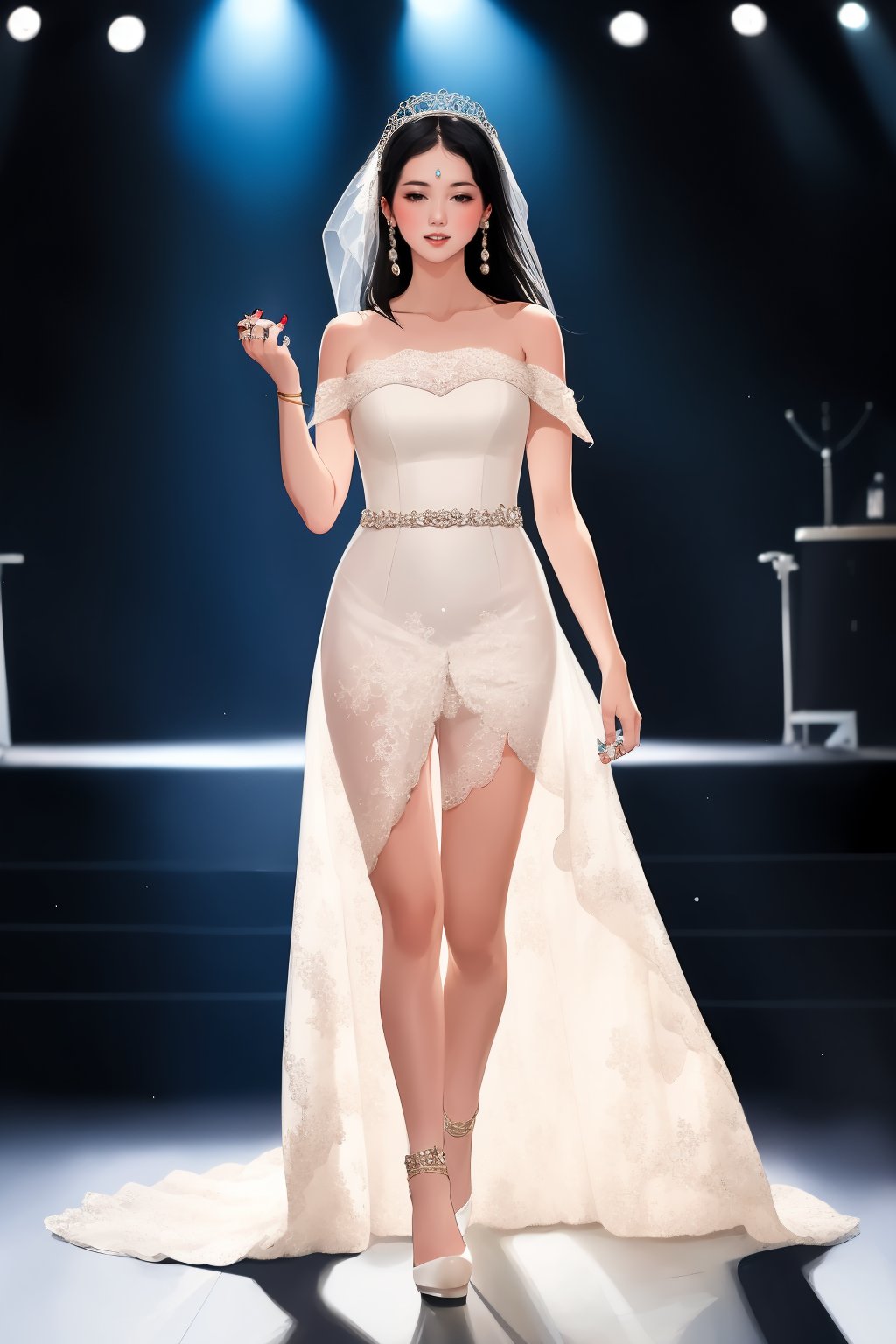 1girl,wedding dress,black hair,dress,bare shoulders,jewelry,full body,white dress,see-through,ring,walking,simple background,stage lighting,<lora:lbc_wedding_dress_v1.0-000004:0.6>,best quality,masterpiece,8k,