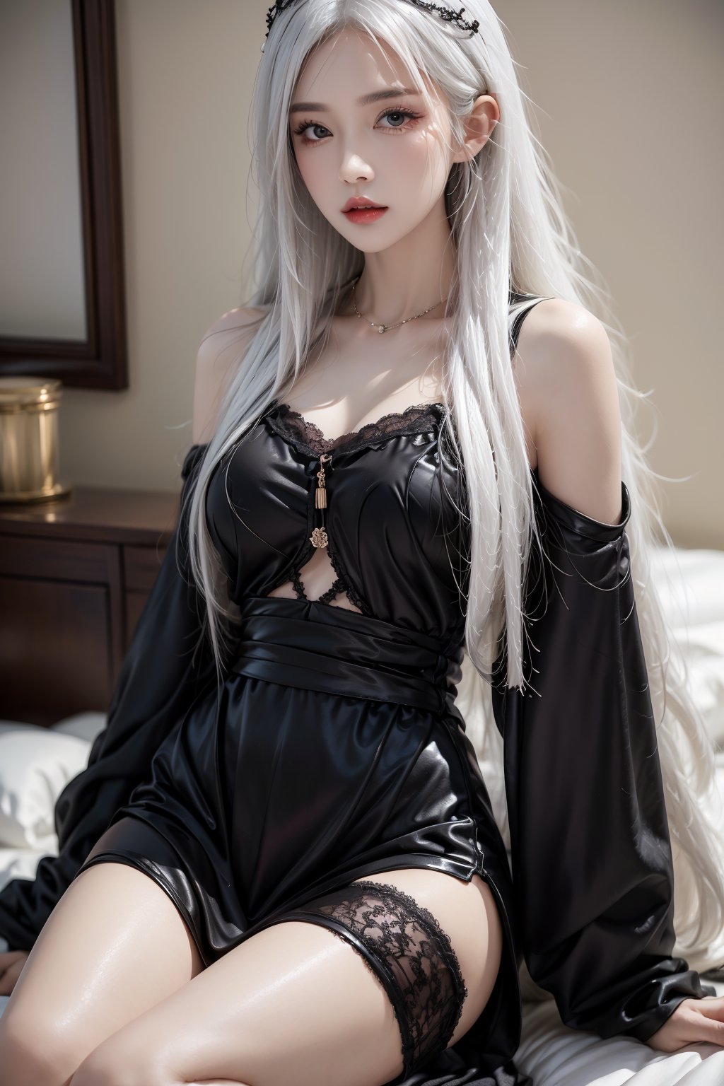 masterpiece,best quality,1 girl,solo,ultra detailed,waist up,long white hair,fashionable accessories,black lace sleepwear,<lora:more_details:0.4>,<lora:888:0.7>,