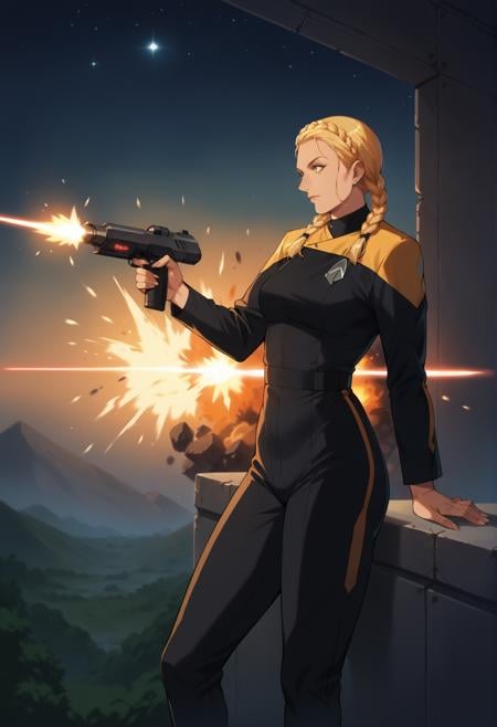 core_9, score_8_up, score_7_up, score_6_up,1girl,twin braids,gigner,mature, space scenery,spacestation,holding laser gun,laser,battle,explosion,metal,pcdst,Star trek uniform,yellow,yellow shoulders,black jumpsuit,<lora:PicardPony-000050>