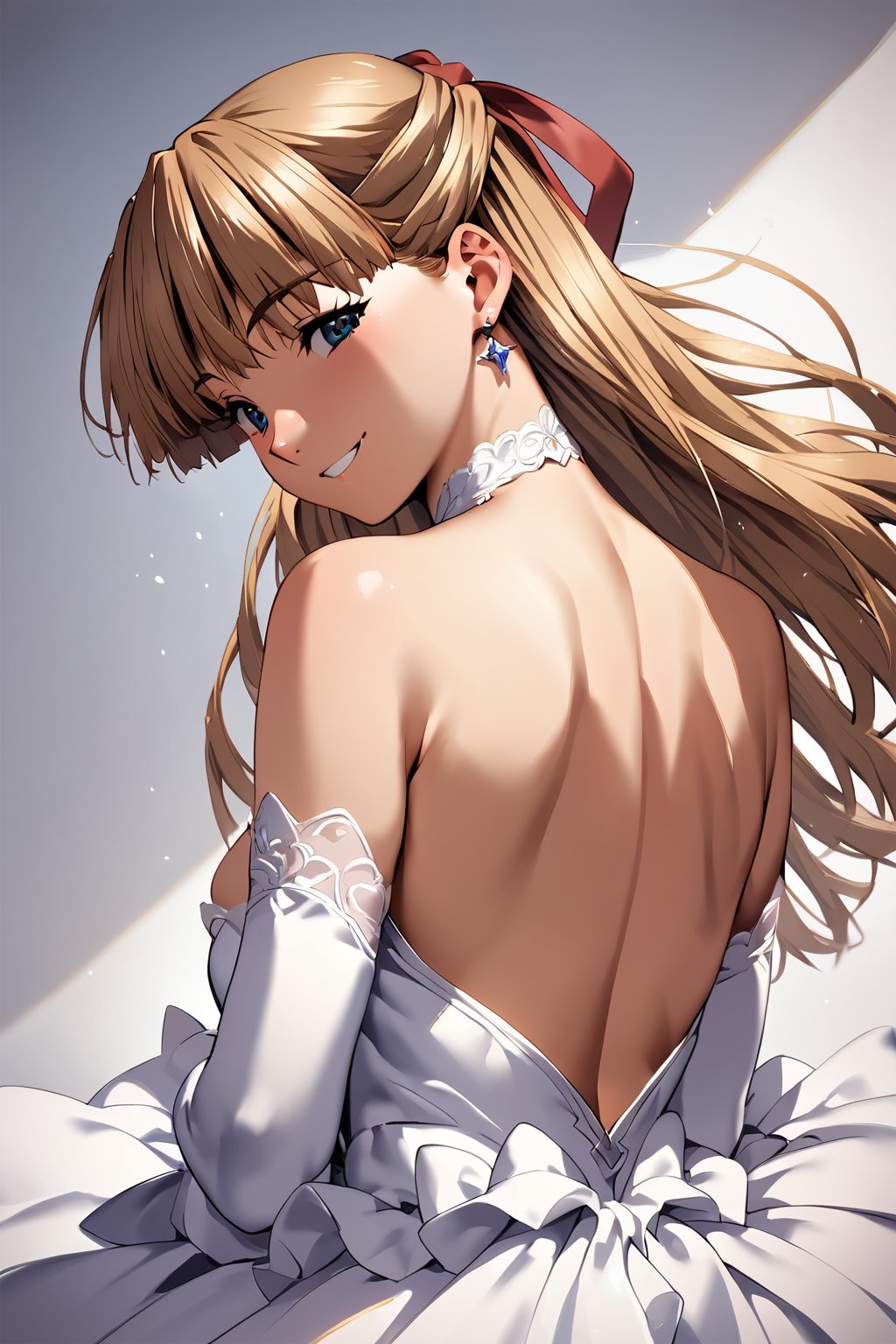 score_9, score_8_up, score_7_up, score_6_up, score_5_up, score_4_up, source_anim, ekanzaki asuka, 1girl, solo, blonde hair, long hair, wedding dress, smile, half updo, hair ribbon, back, looking back,(masterpiece, high-quality, breathtaking, highres, ultra detailed), (expressive eyes, perfect face)<lora:kanzaki asuka auti:0.8>