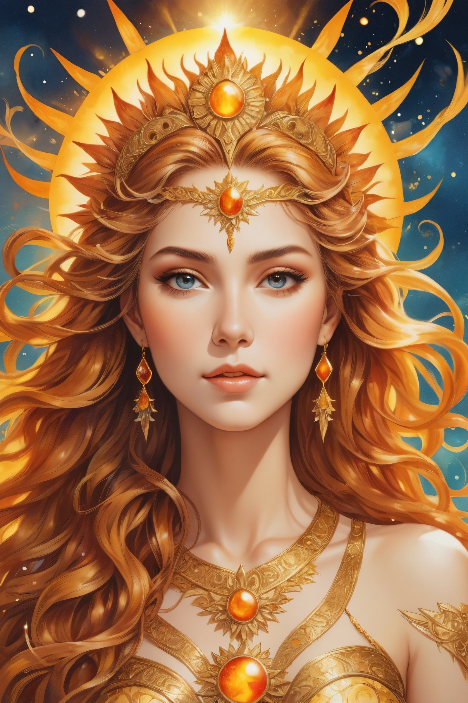 a beautiful and attractive woman as sun goddess, hair as flame, shining particles everywhere, gold detailed, high quality, Watercolor of intricate fantasy