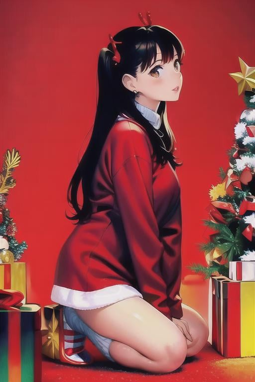 (masterpiece:1.2), best quality, masterpiece, highres, original,perfect light, 4k,8k,1girl, antlers, black hair, brown eyes, brown hair, candy cane, christmas, christmas lights, christmas ornaments, christmas tree, earrings, gift, gift box, holly, jewelry, lantern, lips, lipstick, long hair, long sleeves, looking at viewer, merry christmas, paper lantern, parted lips, realistic, red background, red moon, red theme, santa costume, santa hat, sleeves past wrists, snow, snowing, solo, star \(sky\), torii,<lora:christmas_real-000014:0.8>