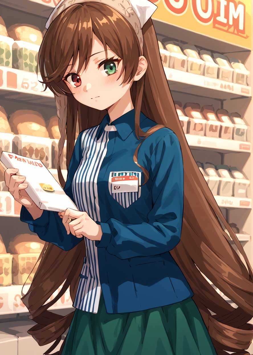 score 9, score 8 up, score 7 up,detailed background, shiny skin,<lora:suiseiseki.pony:0.8>,suiseiseki, fanpic, <lora:lawson.pony:1>,lawson, skirts, convenience store, 