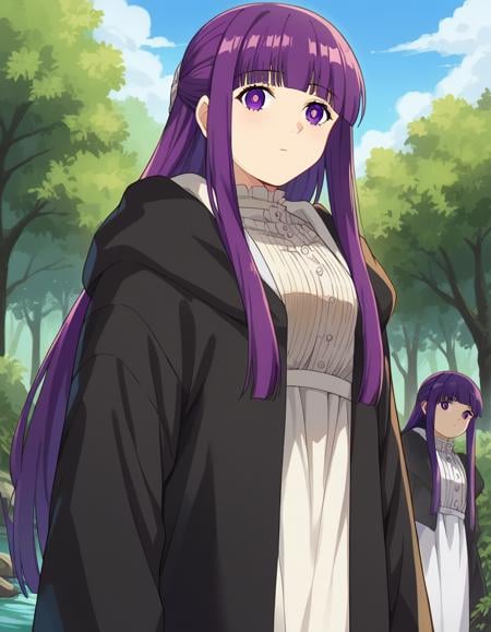 score_9, score_8_up, score_7_up, source_anime,fern, <lora:fern-s1-ponyxl-lora-nochekaiser:1>,fern, long hair, bangs, purple eyes, purple hair, sidelocks, blunt bangs, bright pupils, half updo,long sleeves, dress, white dress, long dress, robe, black robe,outdoors, nature, forest, trees, river, sun, sky, clouds,looking at viewer, cowboy shot, dutch angle,