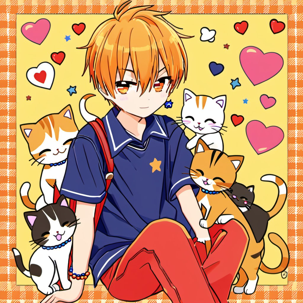 <lora:cartoon_stickers_xl_v1:0.8>,a person sitting on a floor with cats on their shoulders and a cat on their shoulder, and a cat on their shoulder, solo, looking_at_viewer, blush, short_hair, shirt, 1boy, jewelry, sitting, school_uniform, male_focus, heart, pants, star_\(symbol\), orange_hair, bracelet, orange_eyes, :3, animal, cat, red_shirt, anger_vein, beads, orange_background, blue_pants, on_head, indian_style, bead_bracelet, animal_on_shoulder