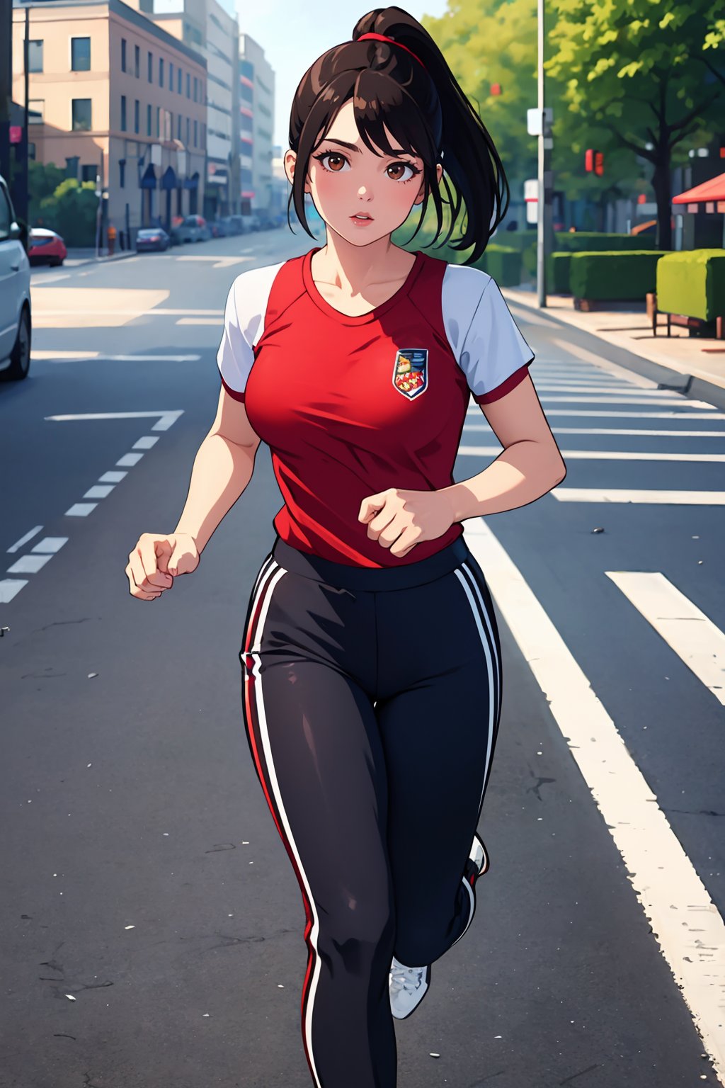 (best quality:1.4),(masterpiece:1.4),(8K:1.4),(extremely detailed:1.4),1girl,solo,brown eyes,(upper body:1.2),looking at viewer,ponytail,black hair,(full body:1.2),large breasts,running in sportswear,trousers,outdoors,