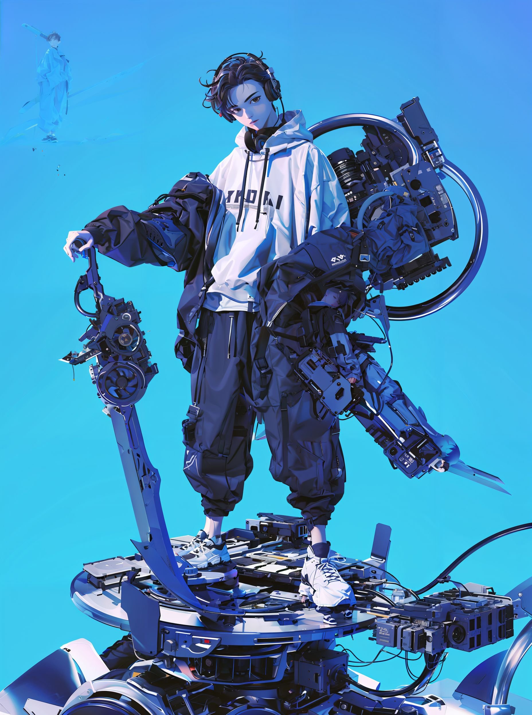 male focus,1boy,jacket,black hair,blue background,solo,holding,shoes,full body,holding weapon,white jacket,headphones,pants,baggy pants,weapon,standing,looking at viewer,short hair,black pants,black eyes,hood down,sneakers,shirt,black shirt,hood,<lora:tusi索泰:0.8>,realistic,graphics,super realistic,black_background,super fine,