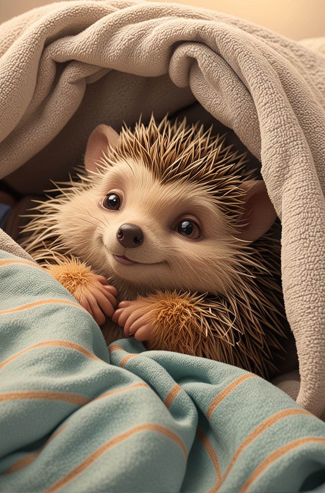 Cute cartoon style of a adorable little colourful Hedgehog, snuggled, curled up, smiling, sleeping with a little blanket, tiny bedroom, on a bed under the blanket, ethereal, soft, detailed, beautiful, cosy, cute, Pixar, snoozing, 3D render, UHD