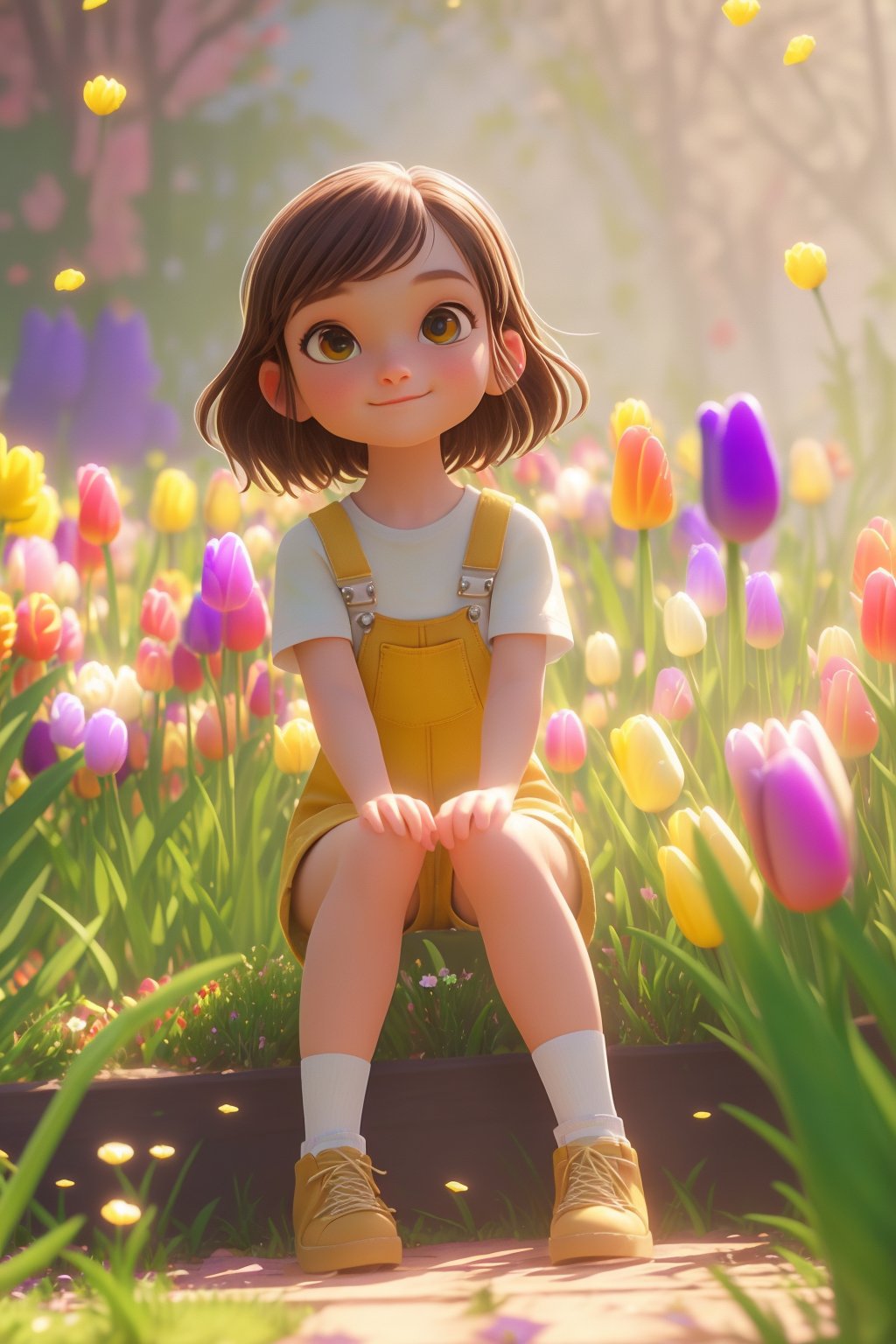 1girl,solo,sitting,brown hair,overalls,shirt,flower,tulip,brown eyes,shoes,outdoors,white shirt,smile,looking at viewer,hands on own knees,short sleeves,overall shorts,white socks,socks,short hair,yellow flower,petals,child,female child,closed mouth,medium hair,pink flower,sneakers,grass,purple flower,bangs,full body,blurry,