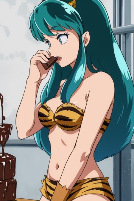 masterpiece, 8k,<lora:Urusei_Yatsura(2008) lum:0.7> lum, oni horns, Playfully tugging at clothing, Chocolate Factory