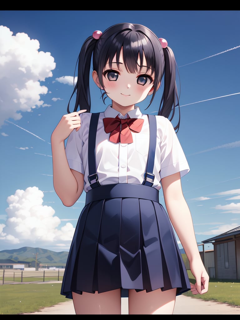 <lora:Tsutsumi_Kinuka:0.8>, TsutsumiKinuka, 1girl, solo, skirt, outdoors, twintails, shirt, white shirt, hair ornament, hair bobbles, suspenders, day, smile, looking at viewer, short sleeves, blue skirt, school uniform, pleated skirt, bow, suspender skirt, red bow, bowtie, red bowtie, long hair, bangs, closed mouth, cloud, collared shirt, cowboy shot, sky, border, blush, black border, blurry, standing, blue sky,masterpiece, high quality, very_high_resolution, large_filesize, full color,