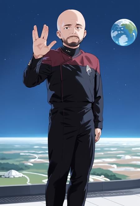 score_9, score_8_up, score_7_up, score_6_up, vulcansalute hand gesture,<lora:VulcansalutePonyV1-000035>1boy,source_anime,anime screencap,1boy,space scenery,planet,spaceship,machinery,salute,bald,bushy black beard,pcdst,Star trek uniform,red,redshoulders,black jumpsuit,<lora:PicardPony-000050>