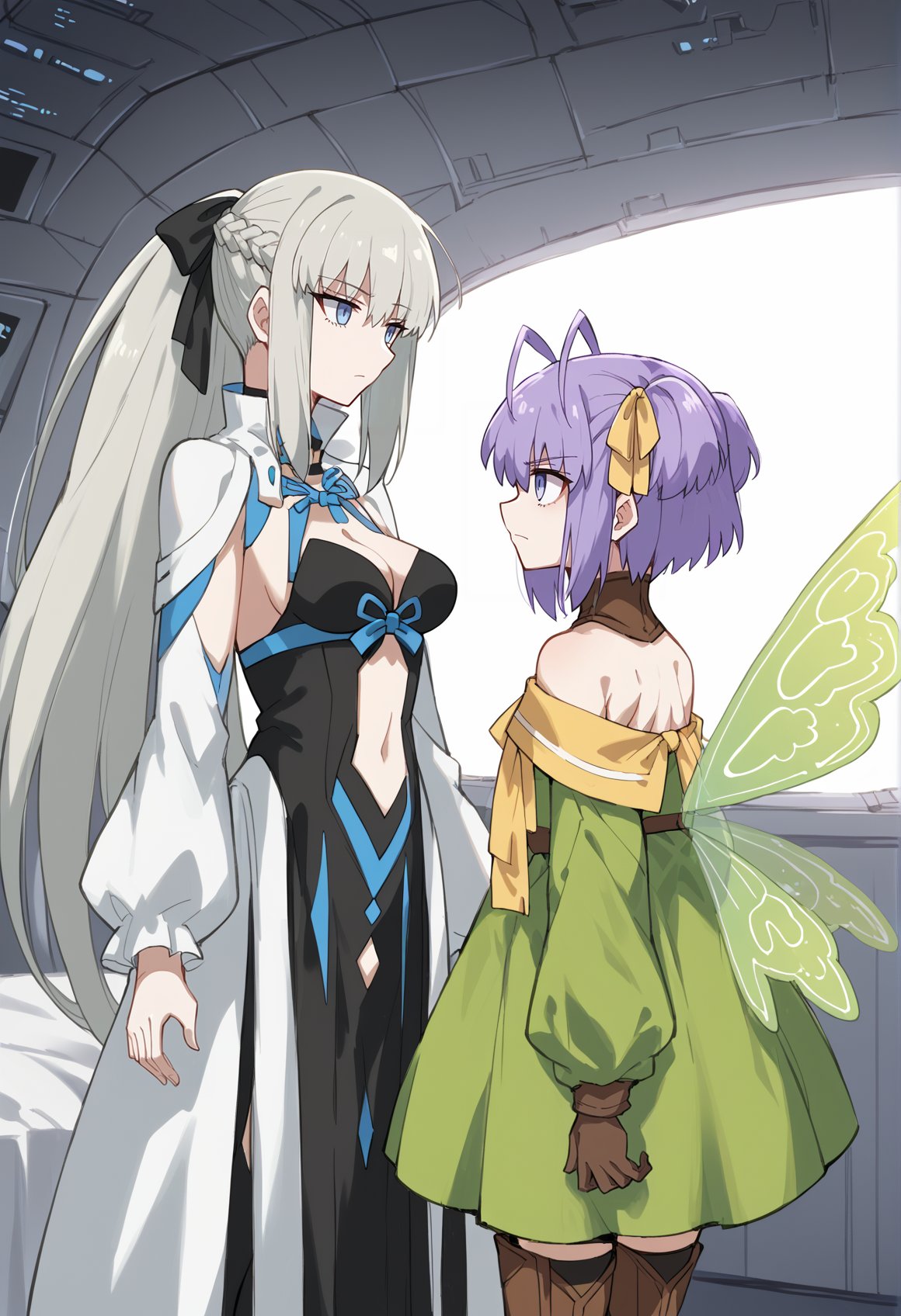 2girls, headpat, hand on another's head, from side, standing, looking at viewer, indoors, spacecraft interior, bed, plant, white walls, 1girl, 1girl, long hair, grey hair, blue eyes, very long hair, ponytail, black ribbon, hair ribbon, french braid, short dress, detached sleeves, cleavage, clothing cutout, detached collar, pelvic curtain, expressionless, looking down, medium breasts BREAK2girls, from side, standing, looking at viewer, indoors, spacecraft interior, bed, plant, white walls, 1girl, short hair, purple hair, antenna hair, twintails, single sidelock, yellow hair ribbon, purple eyes, detached collar, green dress, frills, bare shoulders, bike shorts, brown gloves, brown thigh boots, fairy wings, annoyed, looking up <lora:Muryan:0.8> <lora:Morgan_XL:1>, score_9, score_8_up, score_7_up, score_6_up, score_5_up, score_4_up, BREAK source_anime, masterpiece