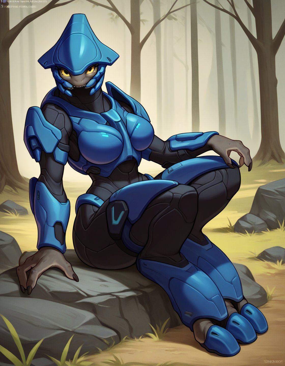 score_9, score_8_up, score_7_up, score_6_up, score_5_up, score_4_up, source_furry, sangheili, anthro, (female:1.2), solo, halo \(series\), armor, power armor, alien, thick thighs, yellow eyes, looking at viewer, outside, forest, field, black bodysuit, breasts, breastplate, helmet, sitting, sitting on rock, upper body, three-quarter portrait, leaning back, no headgear, blue armor, 2 toes, <lora:sangheili_pdxl_:1>