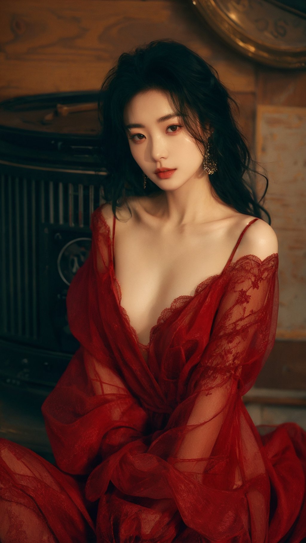 sdmai,hongchen,1girl,solo,red dress,dress,black hair,realistic,looking at viewer,breasts,<lora:SDMAI红尘hongchen:0.7>,