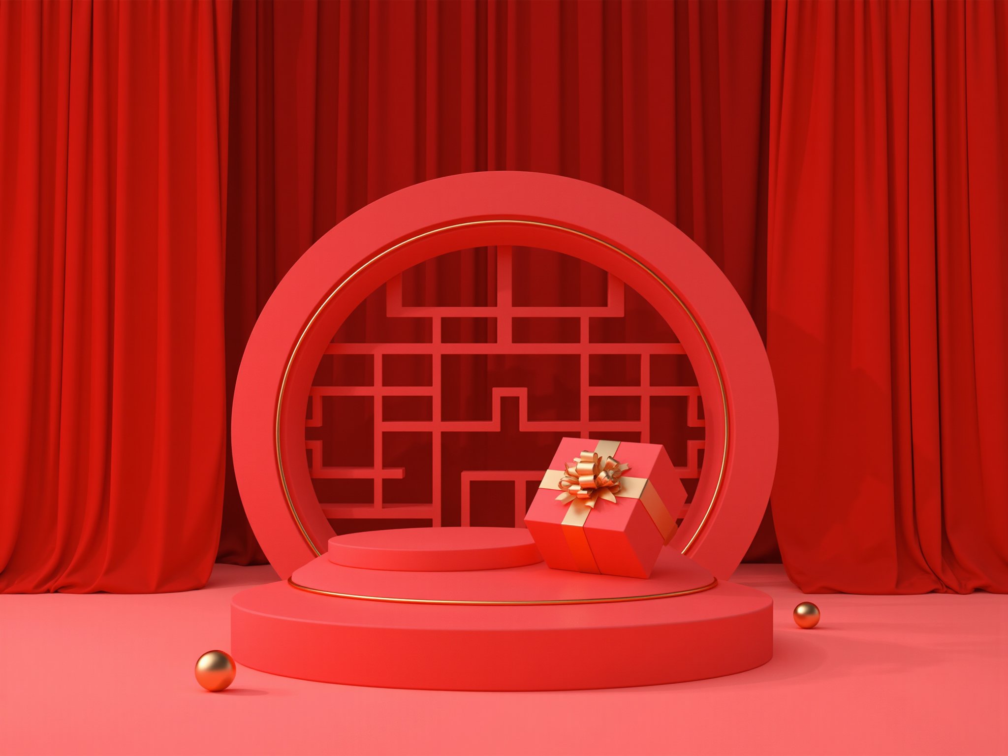 zhongqiu_booth, photograph, festive holiday scene, red stage with a round podium and a large window with a lattice design, a red gift with a gold ribbon and bow on the stage, two small balls on the floor, red curtains in the background, warm lighting, holiday ambiance, holiday-themed setting,<lora:flux-zhongqiu-booth:0.8>