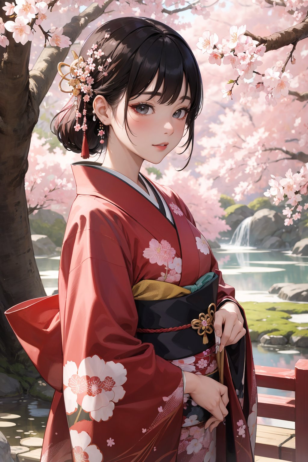 ((masterpiece)), ((best quality)), absurdres, 8k uhd, beautiful colors, vivid colors, insane details,A portrait of a beautiful female wearing a kimono in a spectacular Japanese garden with beautiful spring colors and cherry blossoms