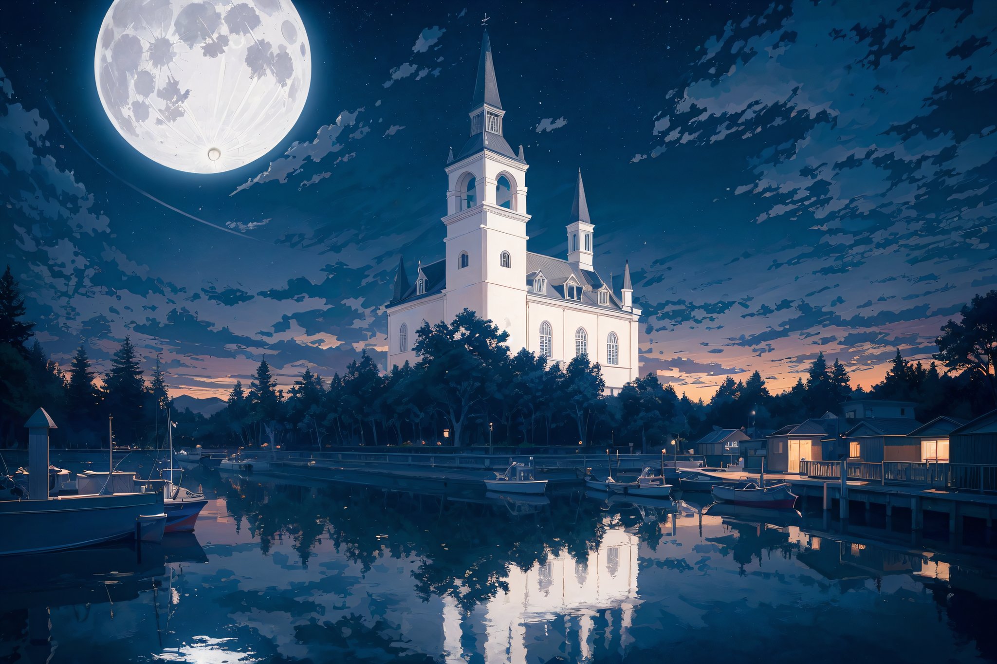 (masterpiece, best quality:1), detailed lighting, octans, no humans, moon, sky, night, full moon, cloud, whale, inverted reflection in water, outdoors, scenery, night sky, water, watercraft, cloudy sky, church, (skeleton), animal.