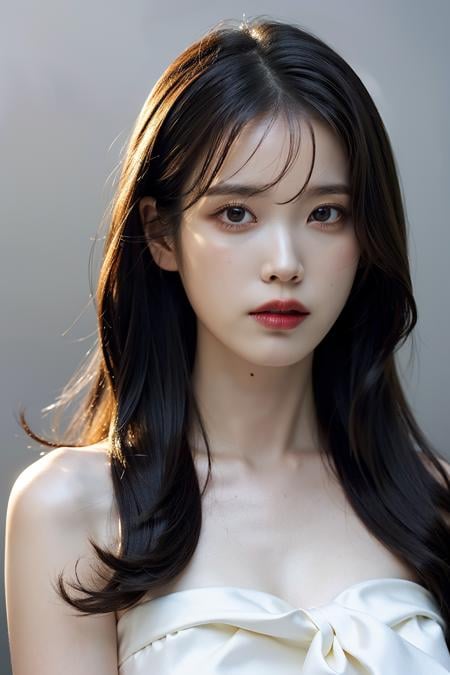 Best quality, masterpiece, ultra high res, (photorealistic:1.4), raw photo,1girl, solo, realistic, (looking at viewer:1.2), upper body,simple gray background, white dress, <lora:makina69_iu_v2.0:1>, long hair