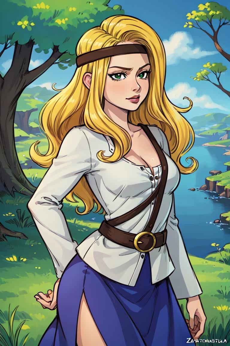 (anime), (illustration), cartoon, detailed, comic style, illustration, cartoon, zantiya, 1girl, solo, blonde hair, green eyes,  (nature:1.2), (fairy tail),  skirt,  cleavage, jewelry, medium breasts,  outdoors, day, belt, lips, headband,  side slit <lora:zantiya:0.55>, [[by phil jimenez]]