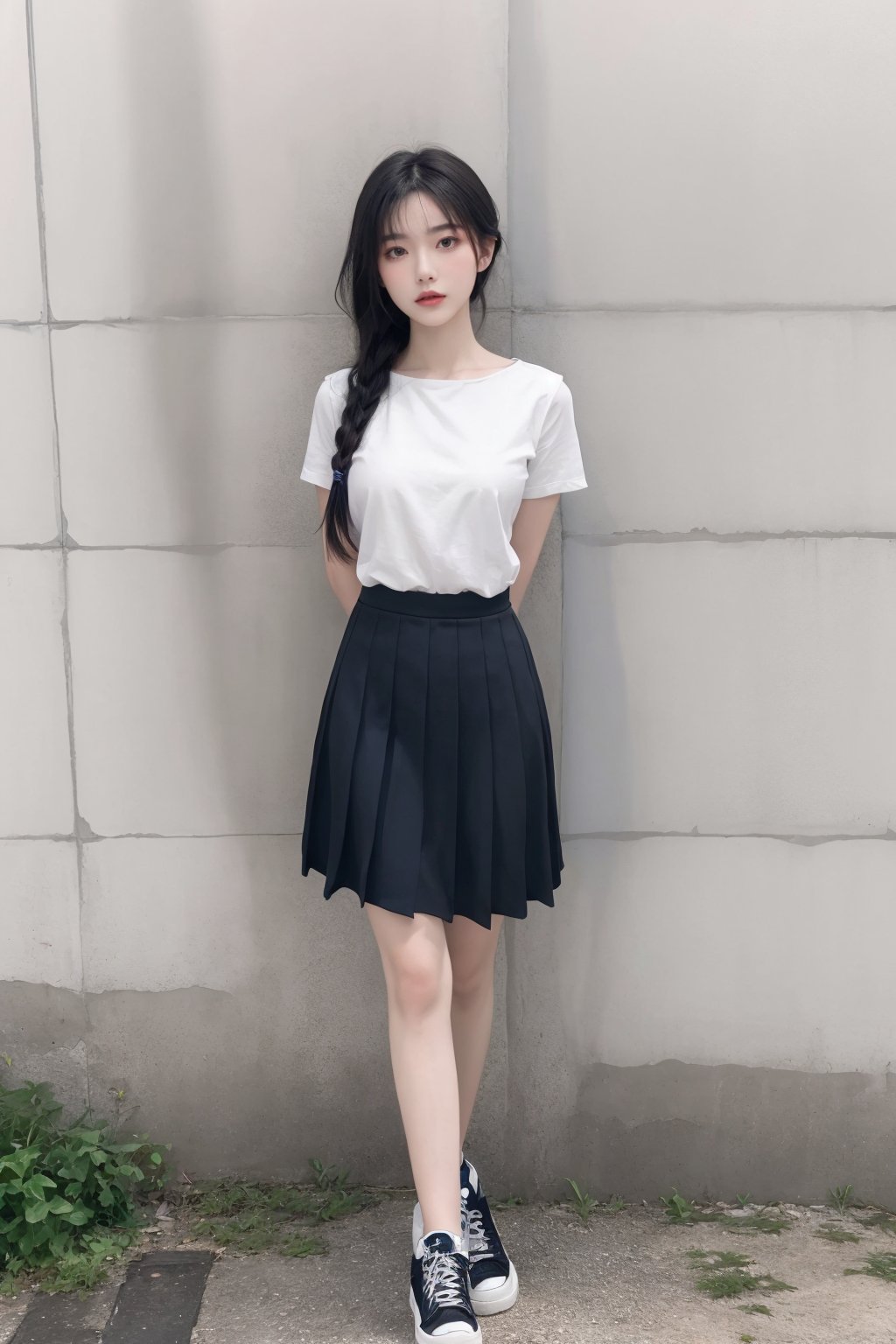 1girl, against wall, arms behind back, black hair, braid, full body, grey skirt, hair over shoulder, long hair, looking at viewer, pleated skirt, shirt, shoes, short sleeves, skirt, solo, standing, twin braids <lora:国际超模脸:0.8>