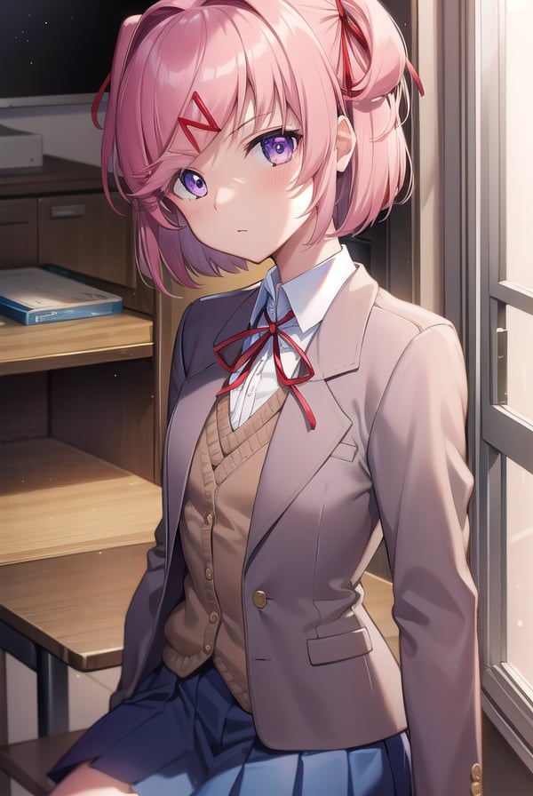 ddlcnatsuki, <lora:ddlcnatsukitest:1>,ddlcnatsuki, fang, hair ornament, pink hair, (purple eyes:1.1), short hair, short sidetail, swept bangs, x hair ornament, (flat chest:1.2),BREAK blazer, blue skirt, brown jacket, collared shirt, jacket, long sleeves, miniskirt, neck ribbon, pleated skirt, red ribbon, ribbon, school uniform, shirt, skirt, swept bangs, vest, white shirt, wing collar, x hair ornament,BREAK looking at viewer,BREAK indoors, classroom,BREAK <lora:GoodHands-vanilla:1>, (masterpiece:1.2), best quality, high resolution, unity 8k wallpaper, (illustration:0.8), (beautiful detailed eyes:1.6), extremely detailed face, perfect lighting, extremely detailed CG, (perfect hands, perfect anatomy),