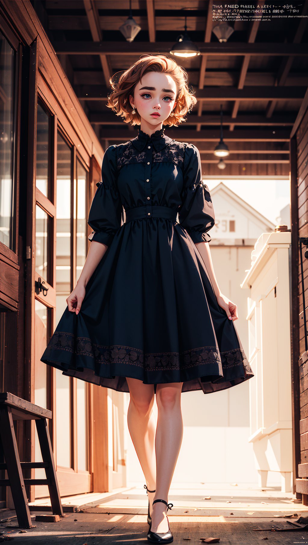 FlorencePugh,Parisienne dress,feminine pose,well-lit wooden structure,abandoned Wild West ghost town,late afternoon,colorful red orange yellow light,very emotional camera angle,medium format camera,in the style of (Life Magazine),