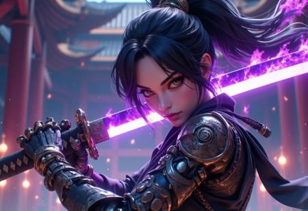 (A cinematic shot of a beautiful asian female cyborg, detailed face features, black hair, robotic arms, robotic legs, holding a purple glowing katana by the handle in attacking pose, purple fire around the katana blade, best quality, amazing details, temple in background:1.2), hkwarrior, mythp0rt