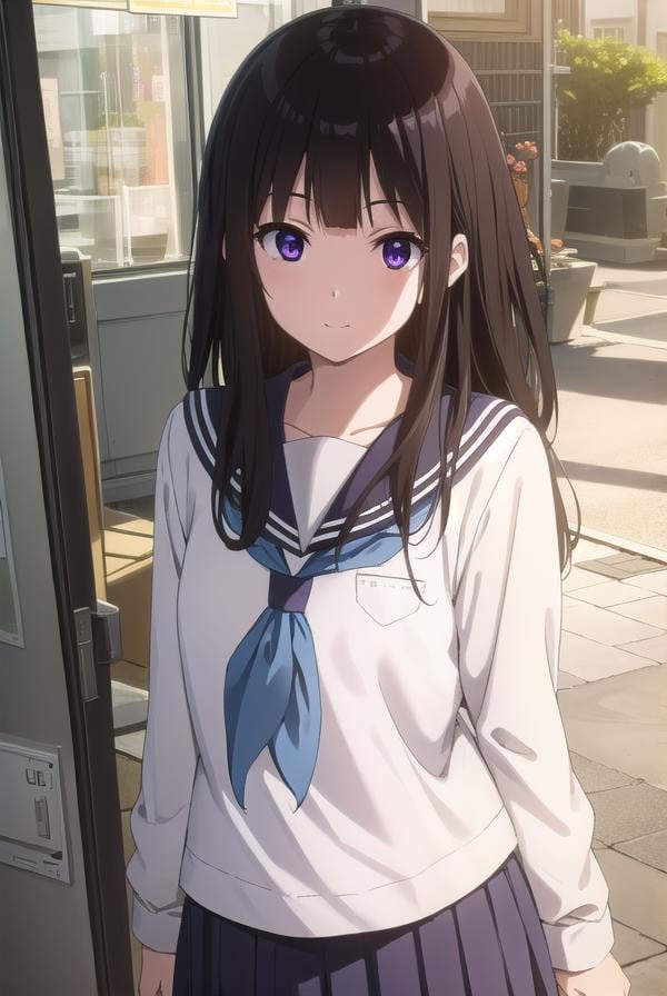 eruchitanda, <lora:eru chitanda s1-lora-nochekaiser:1>,eru chitanda, long hair, black hair, bangs, blunt bangs, (purple eyes:1.1), sidelocks, smile,BREAK skirt, school uniform, serafuku, kamiyama high school uniform \(hyouka\), black skirt, long sleeves, black sailor collar,BREAK indoors, classroom,BREAK looking at viewer, (cowboy shot:1.5),BREAK <lyco:GoodHands-beta2:1>, (masterpiece:1.2), best quality, high resolution, unity 8k wallpaper, (illustration:0.8), (beautiful detailed eyes:1.6), extremely detailed face, perfect lighting, extremely detailed CG, (perfect hands, perfect anatomy),