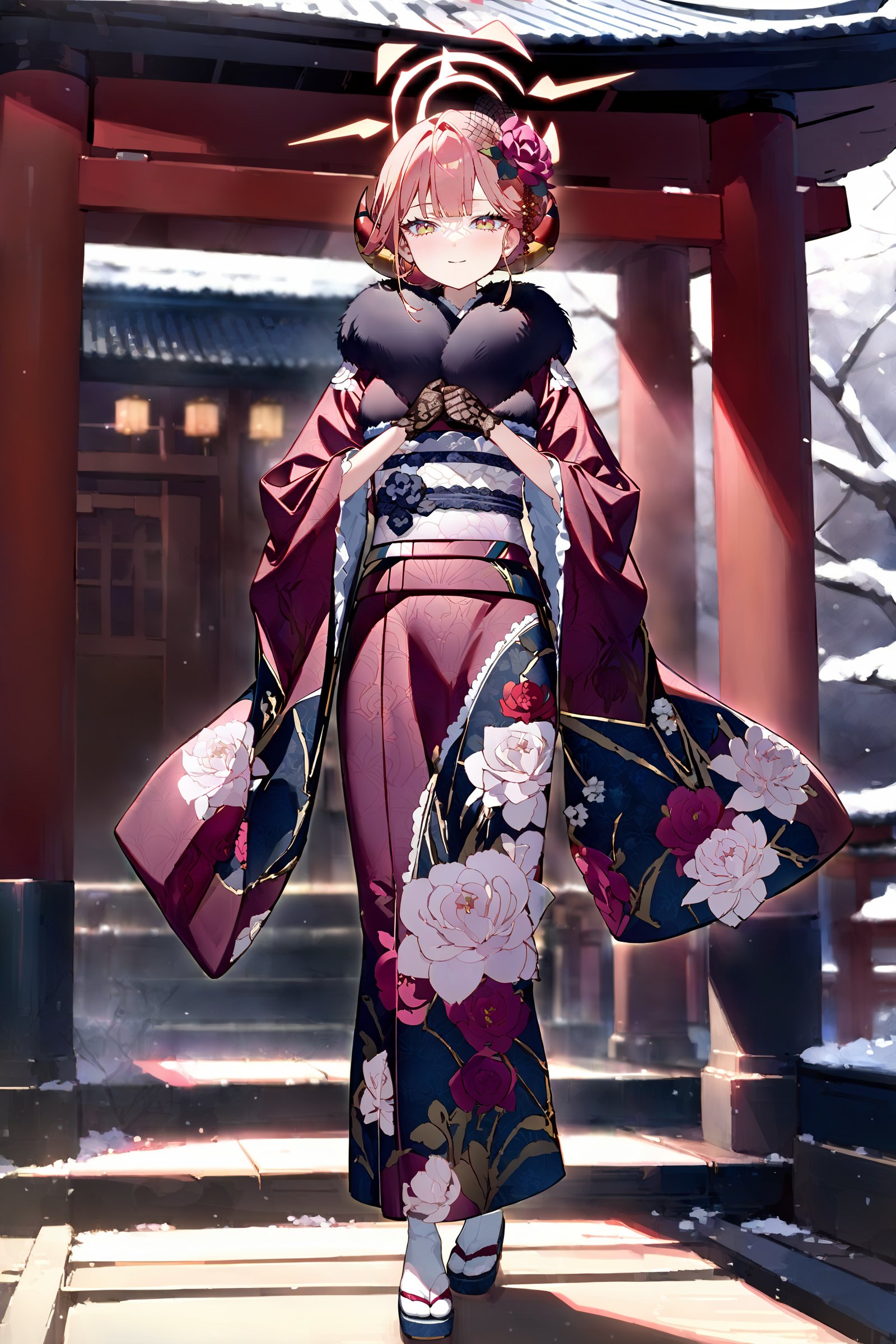 masterpiece, best quality, very aesthetic, ray tracing, newest,(hitenkei, askzy:0.5), 1girl, aru \(blue archive\), solo, fur-trimmed kimono, lace gloves, horns, hair flower, halo, obi, sash, tabi, single hair bun, zouri, standing, full body, hands on own chest, light smile, east asian architecture, outdoors, blurry background  <lora:quality1:0:hr=2>,  <lora:Char-BlueArchive-Aru-XL-V1:0.9>