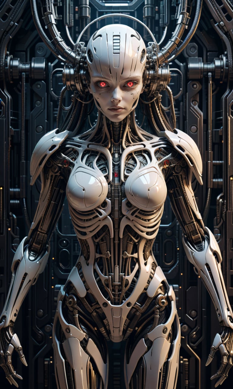 4n1v3rs3, zPDXL2, (H.R. Giger's biomechanical style), A 3/4 view full body image of a highly detailed, futuristic Anthropomorphic Android, composed of sleek metallic components and intricate circuitry, featuring hyper-realistic details, set against a dark, industrial background, posed in the middle, facing the viewer. High quality image.