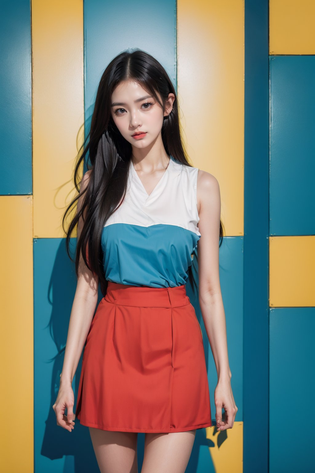 <lora:AgainRealistic_v2.0:1>,AgainRealistic_v2.0, 1girl, solo, long hair, black hair, looking at viewer, realistic, very long hair, k-pop, skirt, dress, black eyes, sleeveless, red lips, lips, shirt, cowboy shot, bare shoulders, standing, brown eyes, sash, breasts, asian, red skirt, collarbone, shadow, white shirt, parted bangs, nose