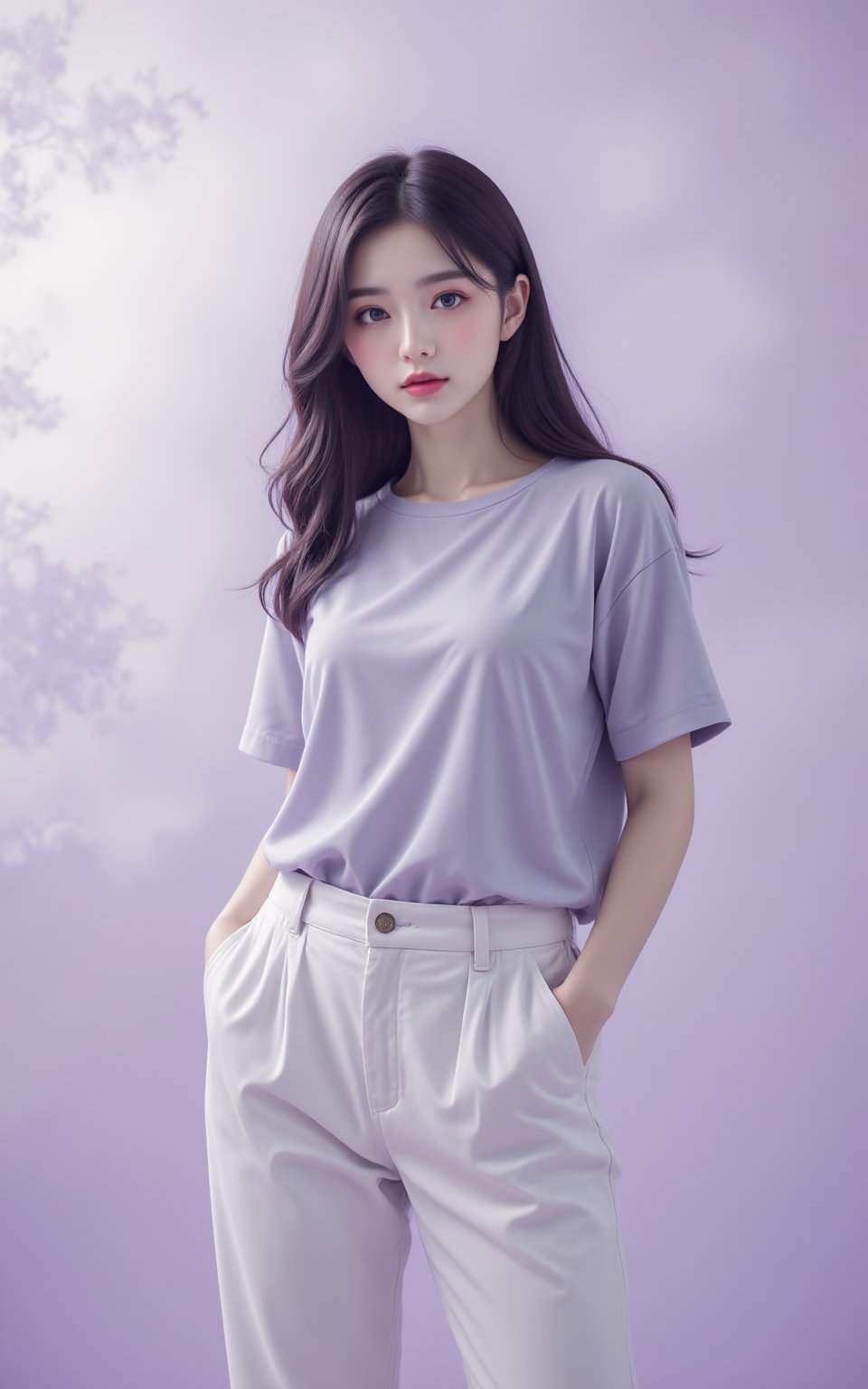 English: Utilizing a misty lilac backdrop to emulate the dawn mist of a summer morning,the model wears a light gray loose-fitting top with white linen pants,appearing as if emerging from the ethereal fog,imbued with a touch of mystique and freshness.,.,best quality,masterpiece,realistic,highres,sharp focus,ultra-fine painting,realistic,cinematic_lighting,heart-shaped face,(mouth closed:1.7), <lora:极品超模V8_2.0:0.8>