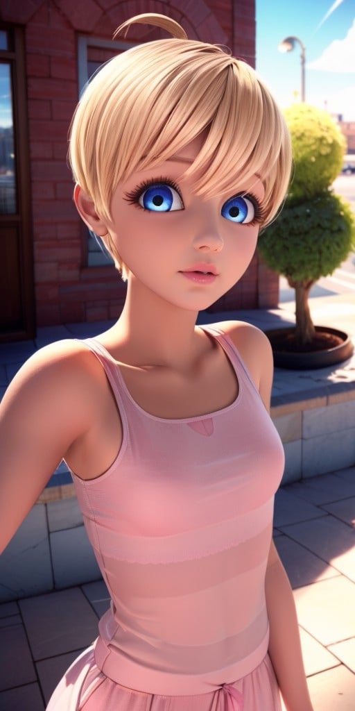 Hyperrealistic, super detailed, photorealistic, long pink dress with lace, honey blonde pixie cut with bangs that slightly cover her eyes to the right and a tiny cowlick on top expressive round vivid sapphire blue eyes, body like in real life, large pores, slender, fourteen years old, fair-skinned skin, beautiful arms, very flat very little breasts, unreal engine, octane render, droped shadow, bokeh, cinematic lighting, <lora:Volumetric_lighting:0.6>, <lora:add_detail:0.5>, Rose Lavillant, , <lora:06bcf8b1-73c7-405d-9e36-210ca06801fe:0.7>