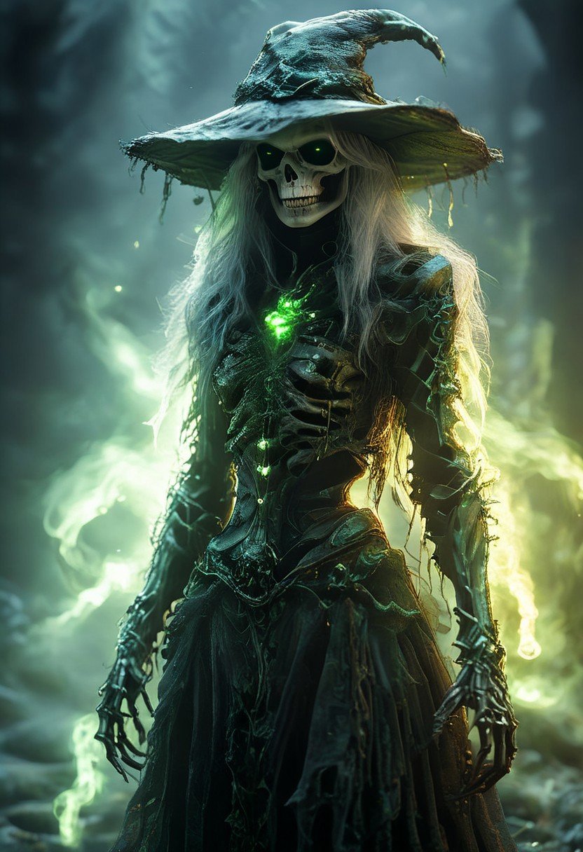 A Skeleton necromancer woman with white hair, wearing an old dress and hat standing a graveyard in full body view, surrounded by glowing green flames, in dark fantasy style, fantasy concept art, dramatic lighting, cinematic, hyper realistic, sharp focus, ultra high resolution, sharp details, vibrant colors, masterpiece, best quality, highly detailed, sharp focus, dynamic lighting,HKMagic,novuschroma60 style bokeh