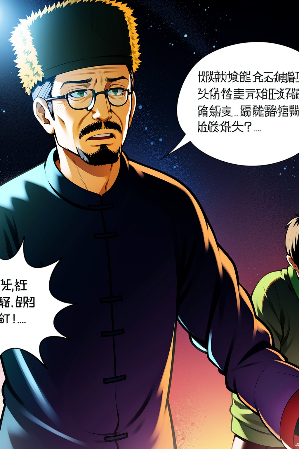 Sanshikongbu, black hair, long sleeves, hat, male focus, multiple boys, glasses, 2boys, speech bubble, facial hair, chinese clothes, beard, mustache, chinese text, korean text, old, old man8K,HDR,high resolution,(Masterpiece :1.3),(best quality :1.2),high quality,high detail,blurry background,