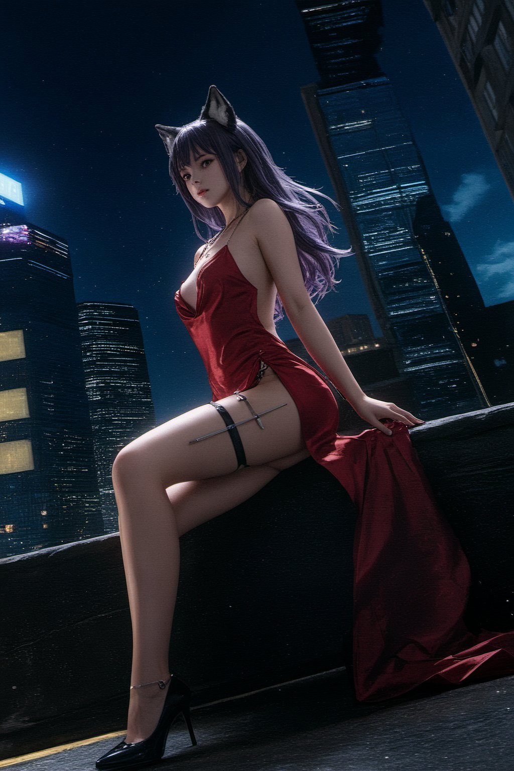 future0611,anklet,high heels,Red dress,Side seams,tail,Thigh straps,Wolf ears,1girl,<lora:future-v1:0.9>,tail,city,stand \(jojo\),thigh gap,, best quality,masterpiece,highres,official art,extremely detailed cg unity 8k wallpaper,