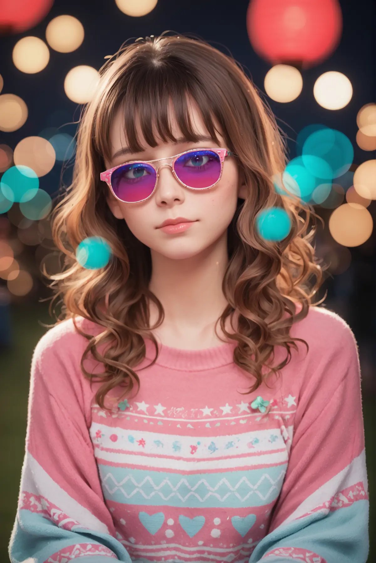 zPDXLrl,  portrait of a beautiful girl with long wavy hair, bangs, at a carnival at night, wearing a sweater and pink sunglasses, cyan and magenta colors, (depth of field, bokeh:1.2) (zPDXL)