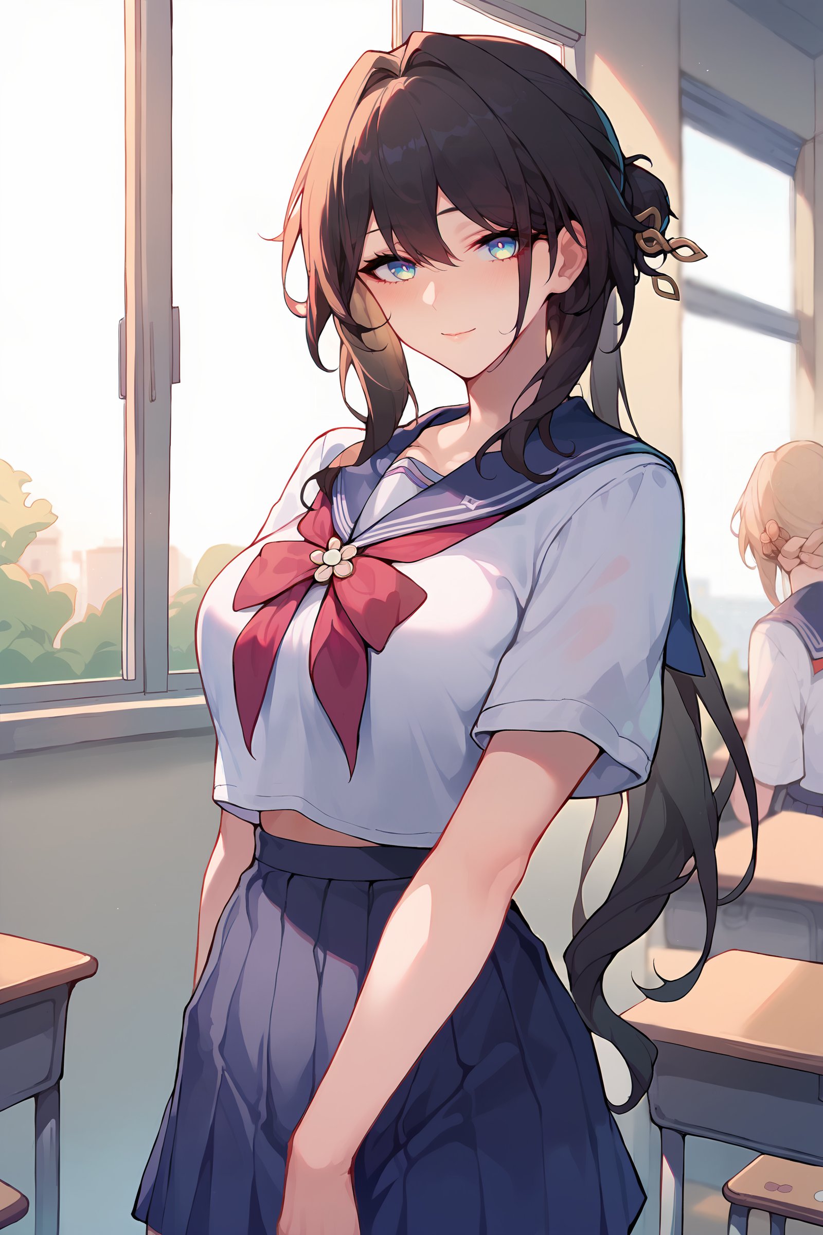 1girl, ruan mei \(honkai: star rail\), school uniform, serafuku, cowboy shot, backlighting, sunbeam, sunset, classroom, indoors, window, light smile, blush, looking at viewer, depth of field <lora:Style-Expressive_H-pony:0.6>, <lora:style-odanon:0.4>, <lora:Char-HonkaiSR-Ruanmei-Pony-V1:0.9>, score_9, score_8_up, score_7_up 