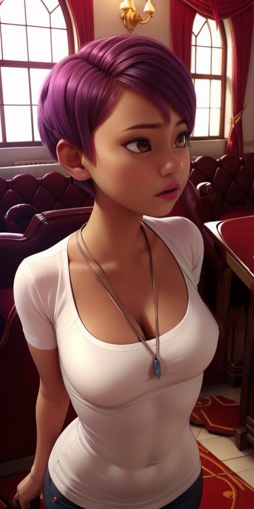 Hyperrealistic, photorealistic, super detailed, pixie-cut purple hair, expressive light brown eyes, body like in real life, large pores, slender, beautiful arms, unreal engine, octane render, droped shadow, bokeh, cinematic lighting, Strong fuchsia lipstick, Light brown eyes, Dark-skinned, <lora:add_detail:0.5>, <lora:Volumetric_lighting:0.6>, Light brown eyes, Pixie-cut purple hair, Rolling, Penny, , <lora:bd6cac7b-47eb-46fc-94e7-13fab41043a1:0.7>