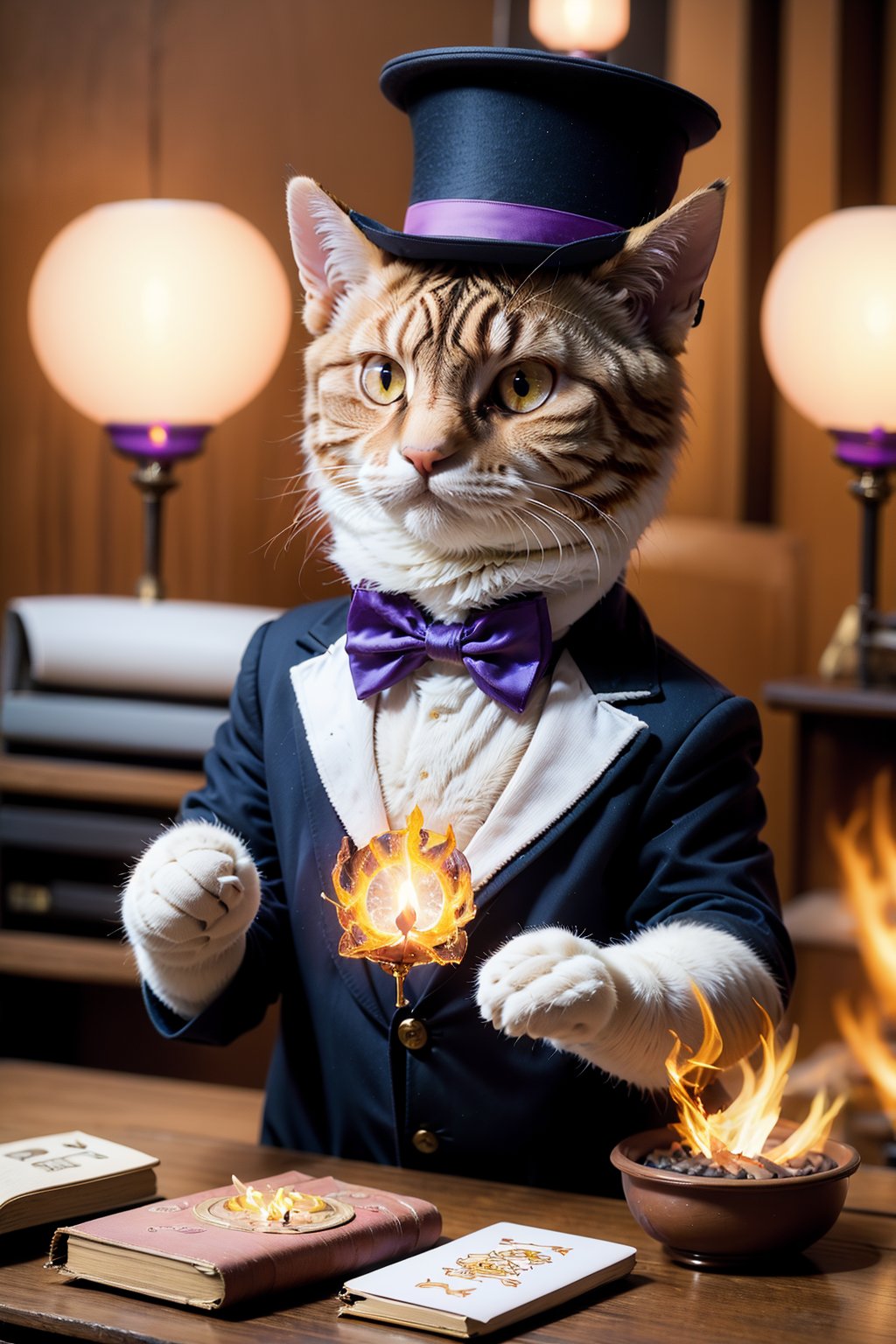 <lora:AgainRealistic_v2.0:1>,1boy, AgainRealistic_v2.0, animal, animal focus, black headwear, blurry, blurry background, book, bow, bowtie, brown eyes, candle, card, cat, clothed animal, fire, formal, hat, indoors, jacket, lamp, looking at viewer, male focus, no humans, purple bow, purple bowtie, realistic, shirt, solo, suit, table, top hat, upper body