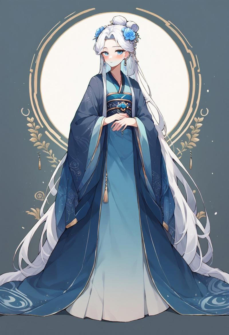 score_9, score_8_up, score_7_up, hanfu, jewelry, very long hair, blue eyes, shawl, hair flower, standing, hair bun, blush, full body, earrings