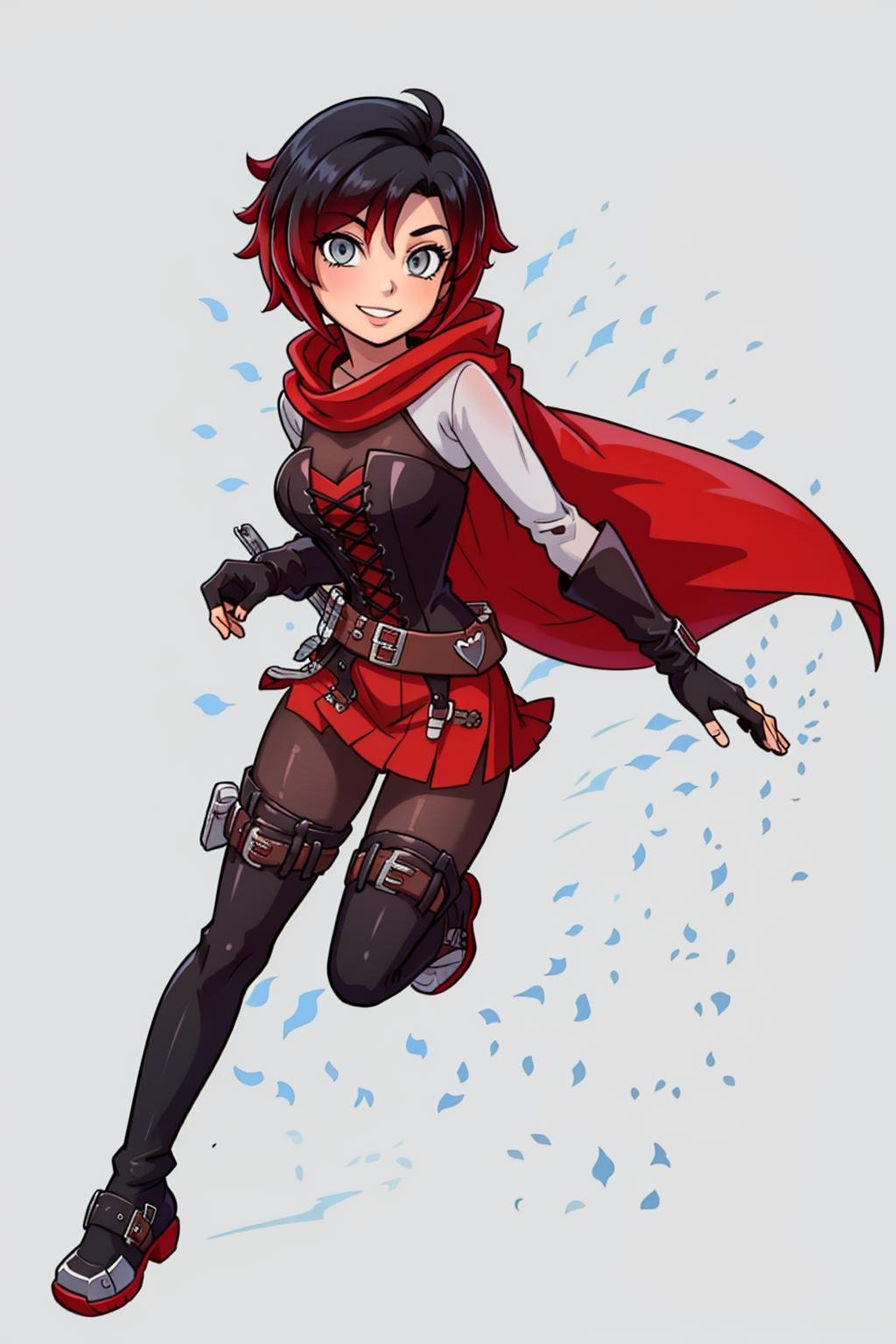 masterpiece,best quality,extremely detailed,(1girl),(Ruby Rose from RWBY), <lora:RubyAtlas-05:1> atlasrose, 1girl, solo, black hair, cape, gloves, red hair, skirt, fingerless gloves, grey eyes, red cape, thighhighs, pantyhose, belt, red skirt, corset, thigh boots, black gloves, looking at viewer, full body, simple background, crescent rose, smile, weapon