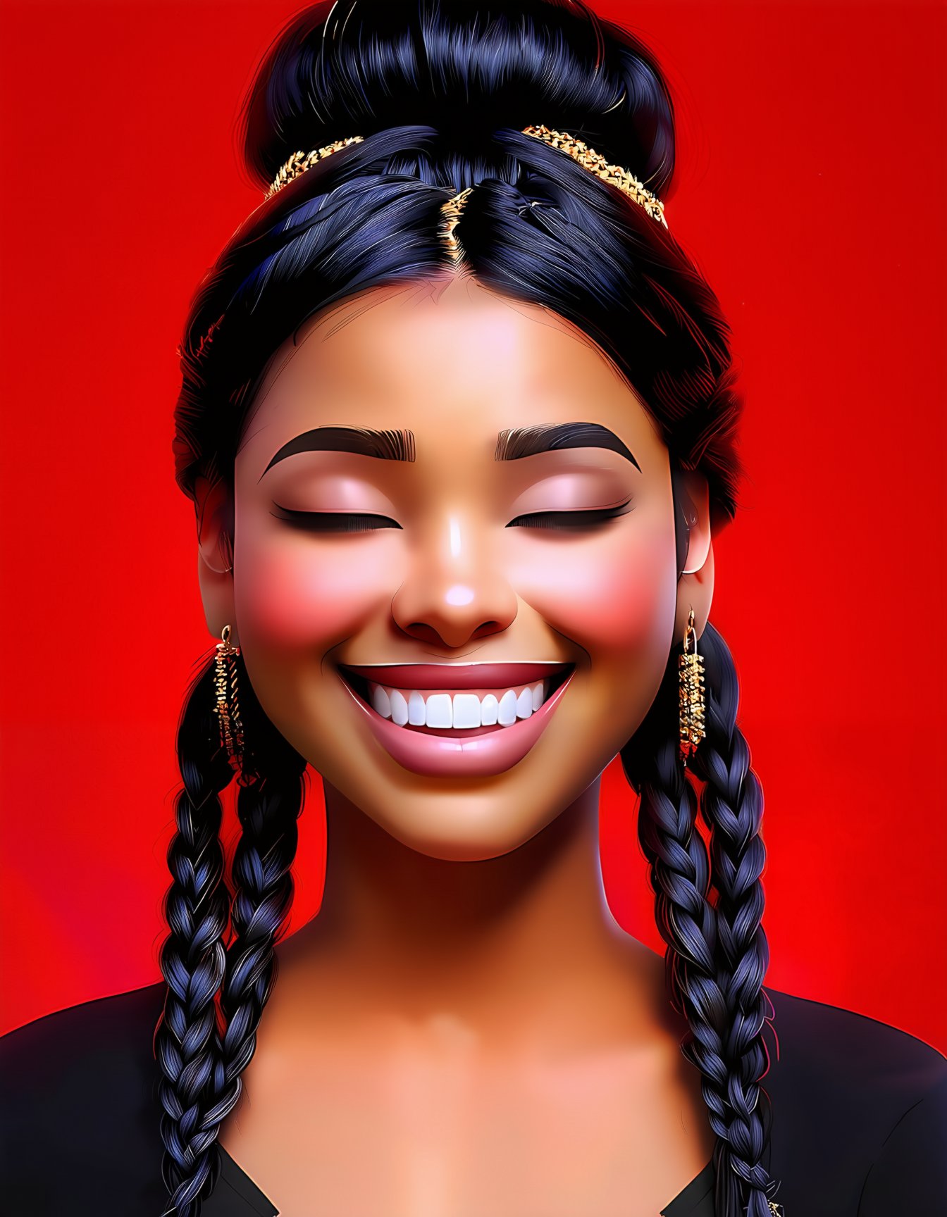 1girl, long hair, smile, black hair, hair ornament, jewelry, upper body, closed eyes, braid, earrings, teeth, dark skin, hair bun, grin, twin braids, dark-skinned female, double bun, makeup, facial mark, red background