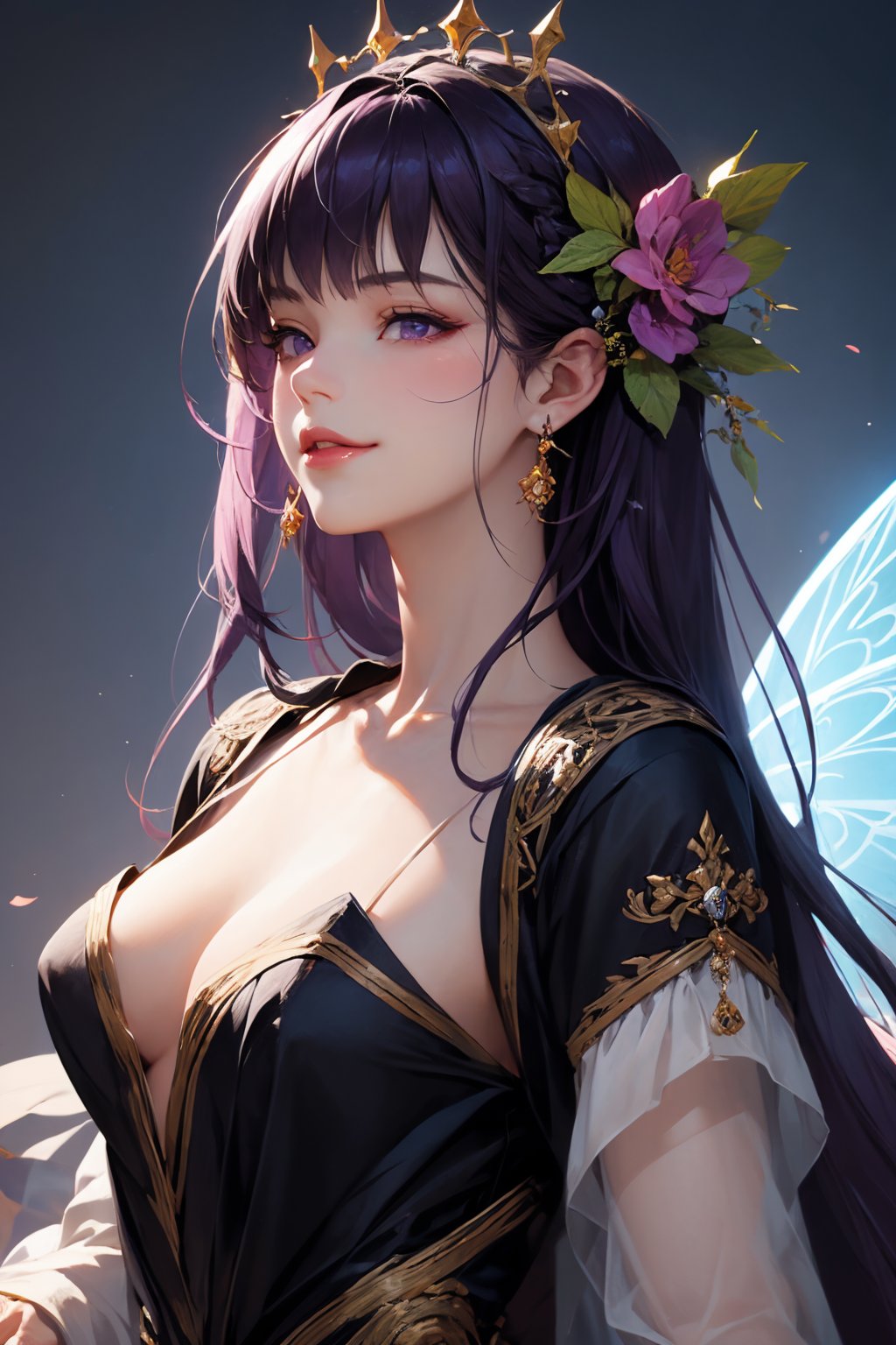 (masterpiece, best quality), intricate details, beautiful girl, purple hair, blunt bangs, light purple eyes, sharp jawline, Fairy queen crowns with cascading flowers, long hair, lips, upper body, smirk